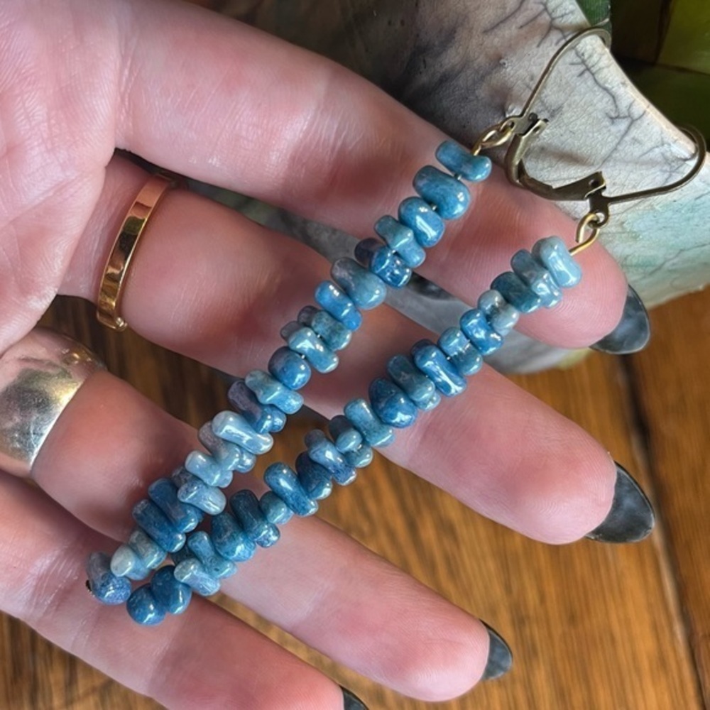 5/$75 Vintage Handmade Aqua Blue Artisan Ceramic Stone Dangle Earrings Brass C2